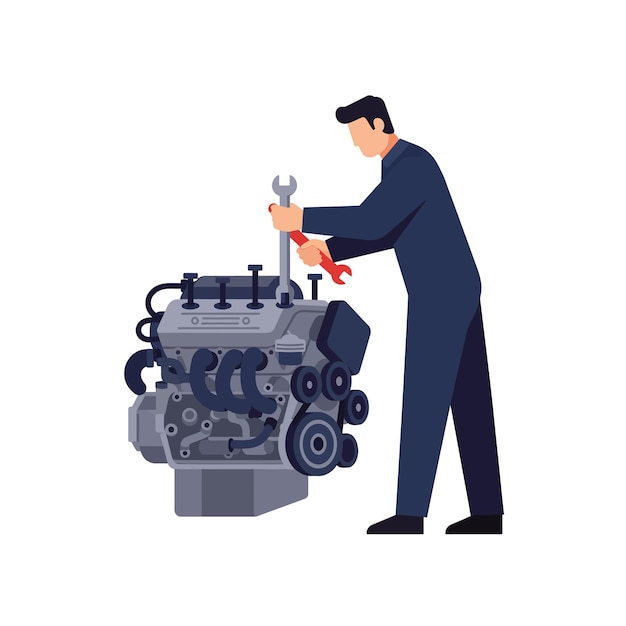 Meccanico che lavora diligentemente su un motore automobilistico dettagliato in un'illustrazione vettoriale di progettazione piatta