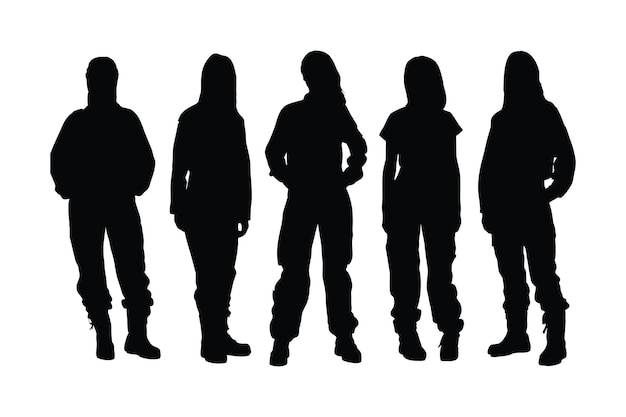 Meccanico femminile in piedi in diverse pose silhouette set vettore Lavoratrici anonime senza volti in piedi in diverse posizioni Meccanico moderno che indossa un design uniforme del fascio di silhouette