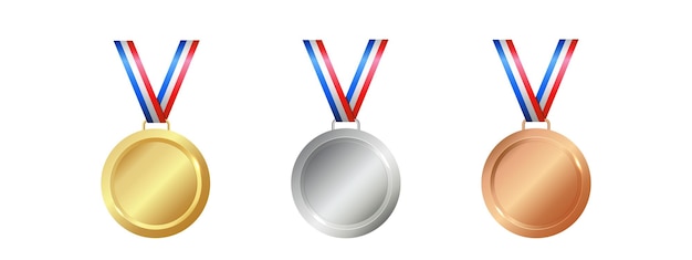 Medaglia d'oro, d'argento e di bronzo realistiche con set di nastri Simboli del premio del campione isolati sullo sfondo