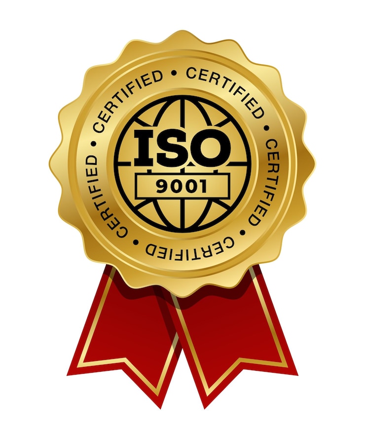 Vettore medaglia d'oro iso 9001 con vettore nastro rosso. sigillo premio oro. sistemi di gestione della qualità. qms