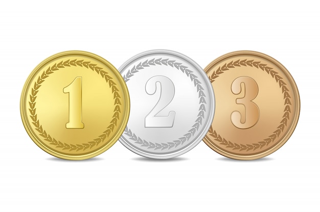 medaglie d'oro, argento e bronzo assegnate su sfondo bianco. Il primo, secondo, terzo premio.