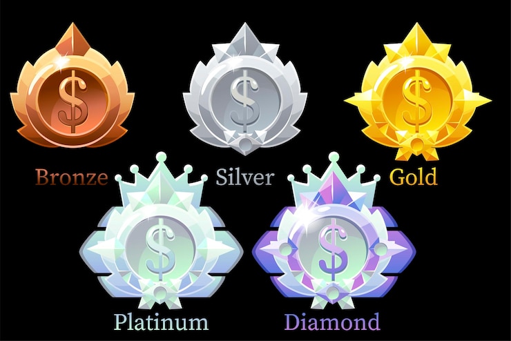 Vettore medaglie dollaro oro, argento, bronzo, platino e diamante. set di medaglie di valuta sul nero