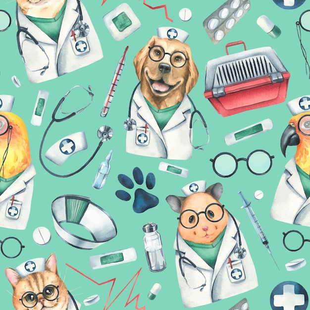 Medici veterinari criceto cane gatto pappagallo portatore di animali da compagnia farmaci acquerello illustrazione disegnata a mano