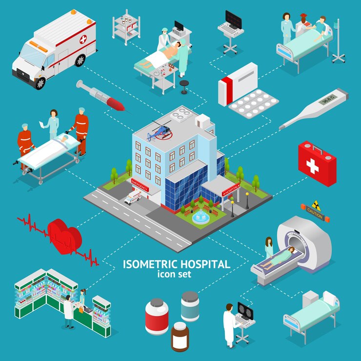 Medicina Ospedale concetto vista isometrica edificio architettura ed elemento servizio assistenza professionale. Illustrazione vettoriale