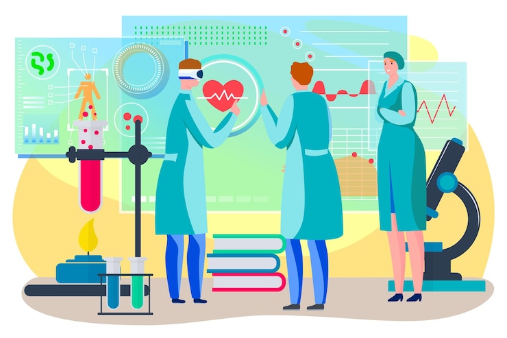 Vettore medicina sanitaria con illustrazione vettoriale di tecnologia digitale piatto uomo donna personaggio lavoro in mod...