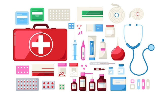 Medicinali Kit di pronto soccorso strumenti medici pillole stetoscopio siringa termometro pallone guanti monouso bendaggio strumenti per farmacia cartoni animati Set vettoriale
