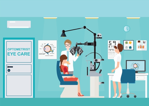 Medico e paziente presso l'oftalmologo interno