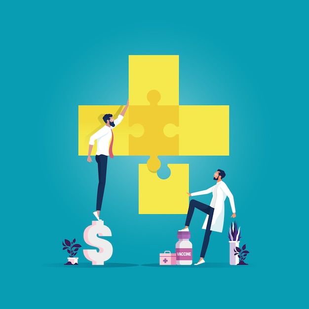 Medico e uomo d'affari che mettono insieme l'icona medica di puzzle. Metafora della squadra. persone che collegano elementi del puzzle. Simbolo del lavoro di squadra