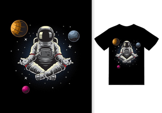 Meditazione yoga astronauta nello spazio illustrazione con tshirt design premium vector