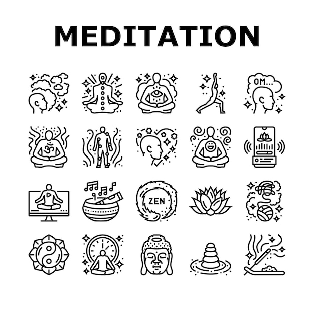 Meditazione yoga relax zen icone set vettore