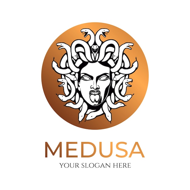 Medusa gorgone logo Testa di donna con serpenti Amuleto protettivo Logo per diverse direzioni Immagine vettoriale