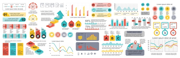 Mega set di elementi infografici modello di progettazione vettoriale di visualizzazione dei dati Può essere utilizzato per le opzioni di passaggi diagramma di flusso di lavoro del processo aziendale diagramma a flusso linea temporale di marketing grafici informativi bundle