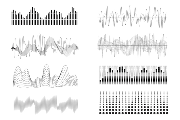 Mega set di onde sonore in design grafico piatto Bundle di elementi di onde sonore curve con diversa frequenza vocale e forma d'onda del segnale musica e simboli audio Illustrazione vettoriale adesivi isolati