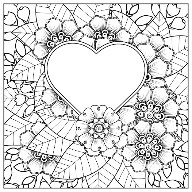 Mehndi fiore con cornice a forma di cuore in stile etnico orientale doodle ornamento libro da colorare pagina