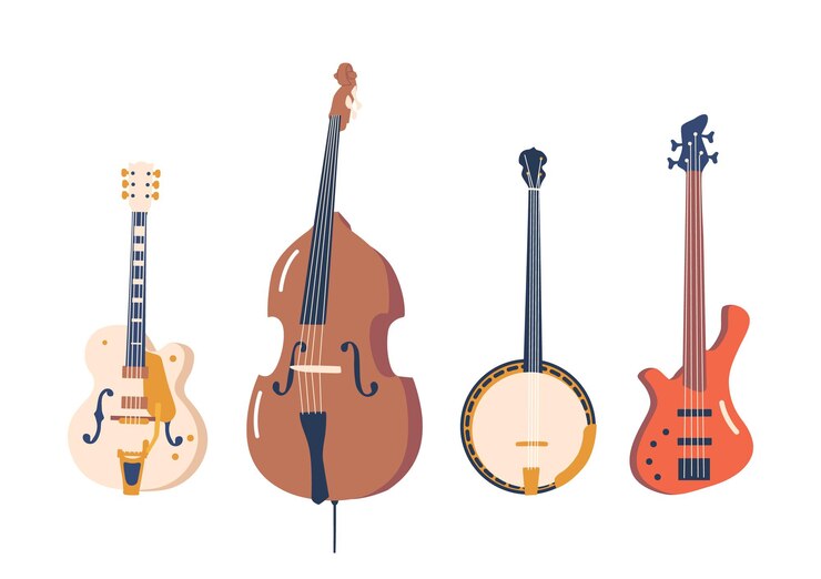 Vettore melodic rhythmic and soulful string jazz instruments chitarra elettrica e basso contrabbasso e banjo illustrazione