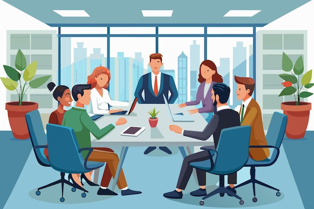 Membri del team che discutono idee al tavolo conferenze generate dall'AI