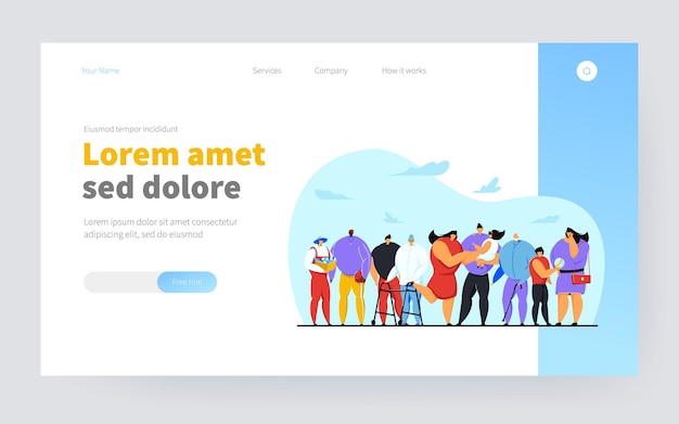 Membri della comunità multiculturale. Famiglia con bambini, folla multinazionale diversificata di anziani e giovani in piedi insieme. Illustrazione vettoriale per la società civile, la diversità, il concetto di inclusione