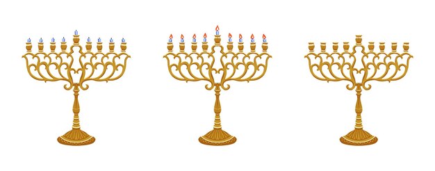 Menora d'oro di Hanukkah con candele accese illustrazione su sfondo bianco modello piatto vettoriale