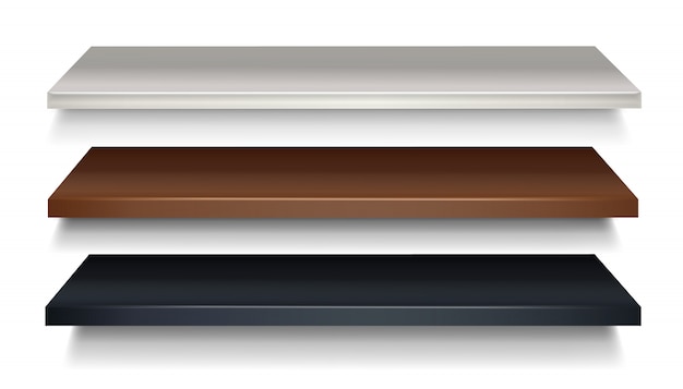 mensola in legno in marrone e nero, colore bianco in prospettiva.