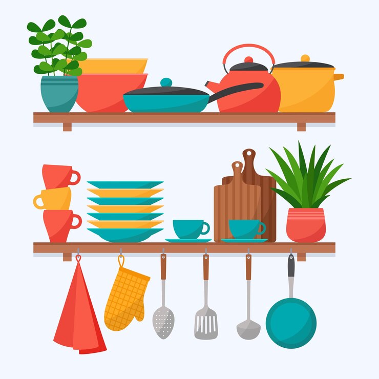 Vettore mensole da cucina con utensili da cucina. set di utensili da cucina, illustrazione vettoriale