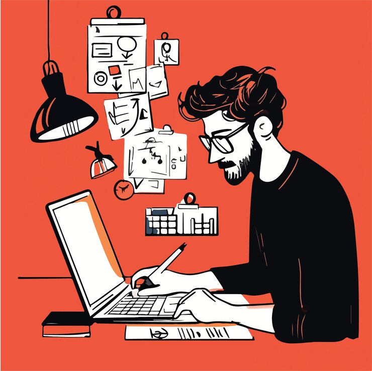 Vettore mente creativa un uomo che disegna idee su carta illustrazione vettoriale