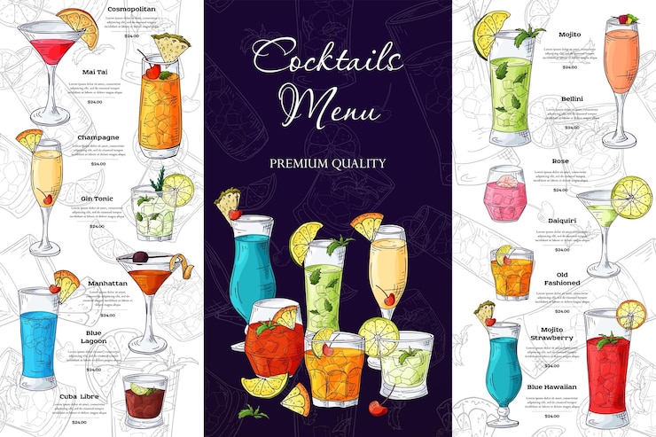 Vettore menu bevande alcoliche modello brochure bar per bar o ristorante illustrazione vettoriale con elementi disegnati a mano