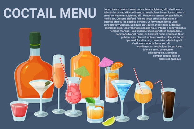 Menu cocktail Bevande alcoliche in bicchieri e bicchieri Daiquiri martini margarita cosmopolita