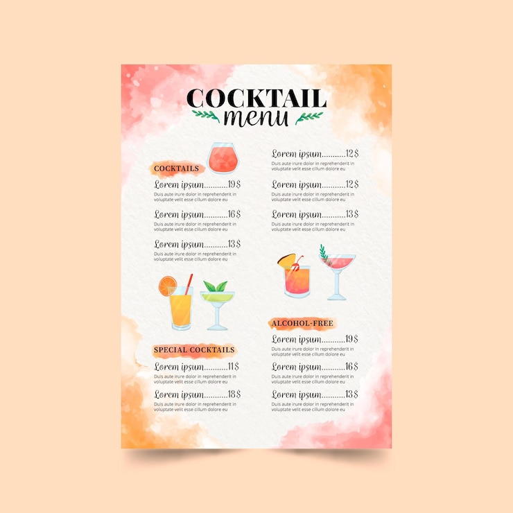 Vettore menu cocktail bianco con illustrazioni colorate