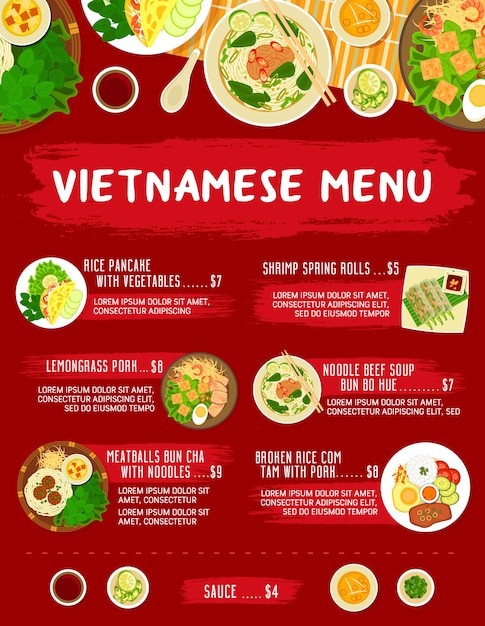 Menu dei pasti del ristorante vietnamita.