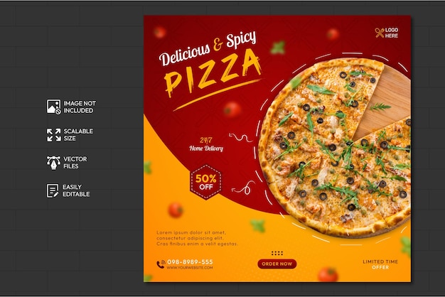 Menu del cibo e deliziosa pizza modello di post sui social media