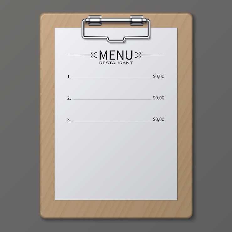 Vettore menu del ristorante classico sul foglio di carta negli appunti. modello vettoriale illustrazione del menu food cafe