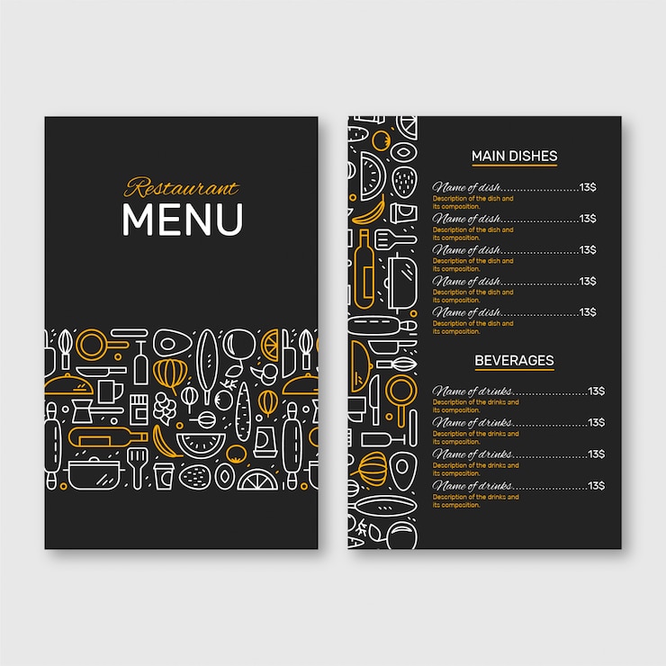 Vettore menu del ristorante nero e giallo