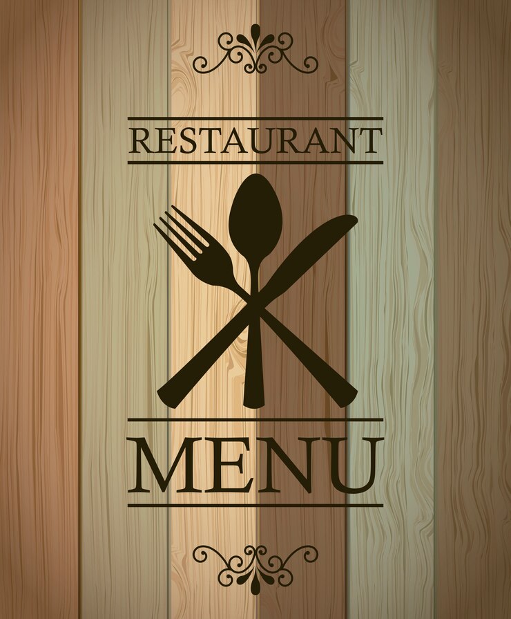 Vettore menu del ristorante sopra l'illustrazione di legno di vettore del fondo