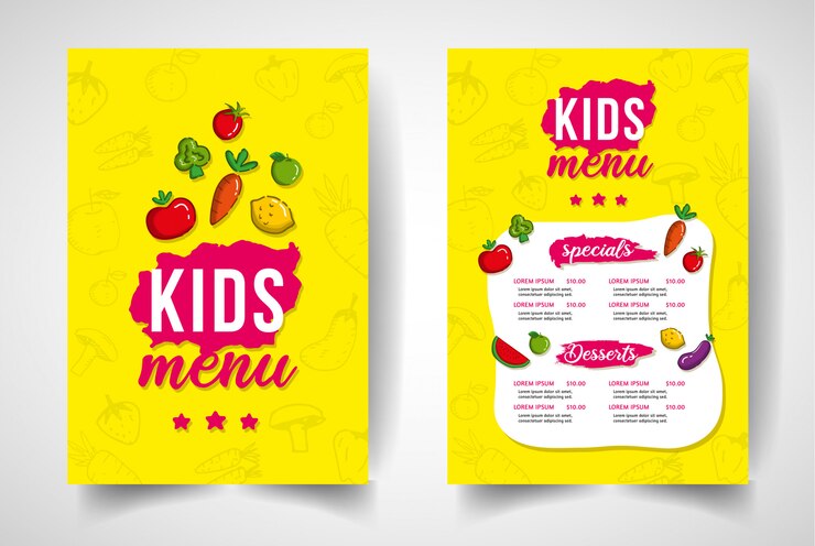 Menu del ristorante vegetale disegnato a mano per bambini.