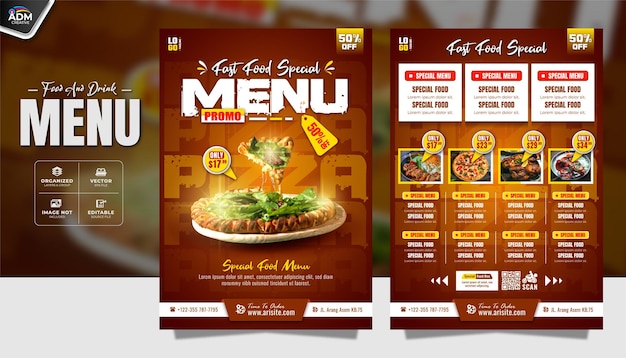 Menu delizioso e gustoso del ristorante