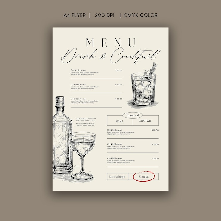 Vettore menu di bevande e cocktail