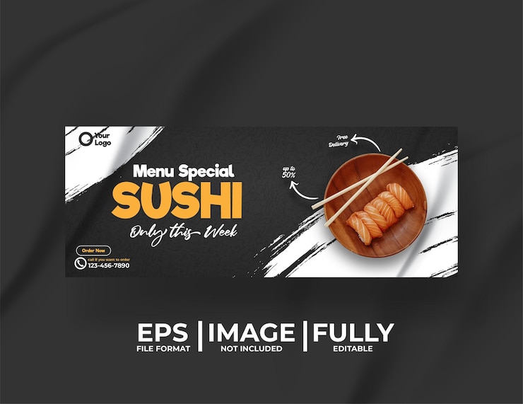 Vettore menu di cibo giapponese di sushi e modello di post sui social media del ristorante