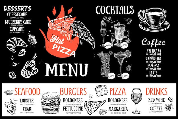 Menu di cibo per pizza, ristorante, caffetteria, modello di progettazione. Illustrazioni disegnate a mano, volantino alimentare.