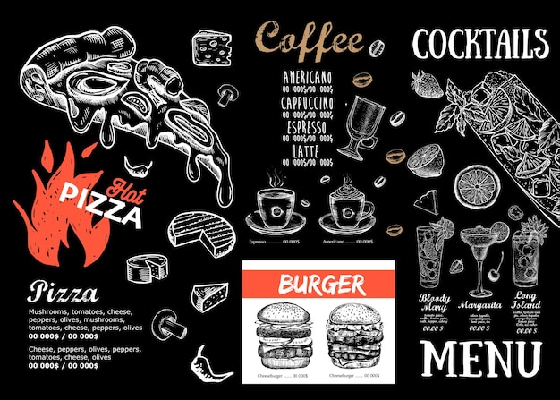 Menu di cibo per pizza, ristorante, caffetteria, modello di progettazione. Illustrazioni disegnate a mano, volantino alimentare.