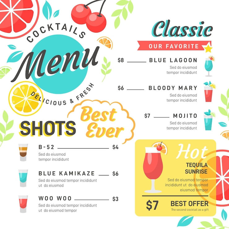Vettore menu di cocktail colorati con illustrazioni