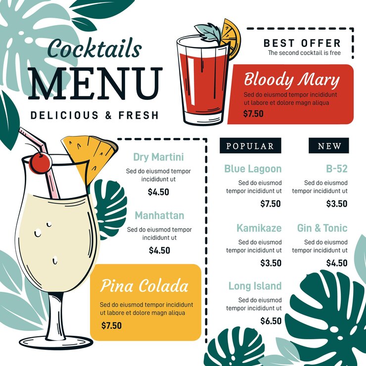 Vettore menu di cocktail colorati con illustrazioni