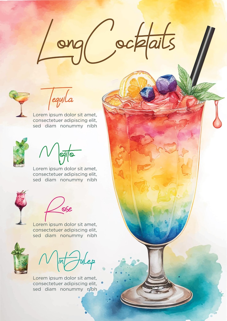 Vettore menu di cocktail esotici pittura ad acquerello
