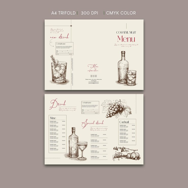 Vettore menu di cocktail triplo brochure