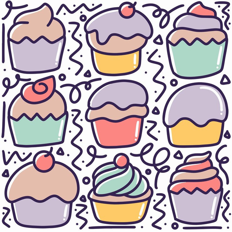 Menu di dessert disegnati a mano doodle impostato con icone ed elementi di design