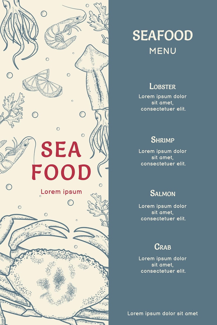 Vettore menu di frutti di mare modello di menu per ristorante di frutta di mare stile retro illustrazione vettoriale