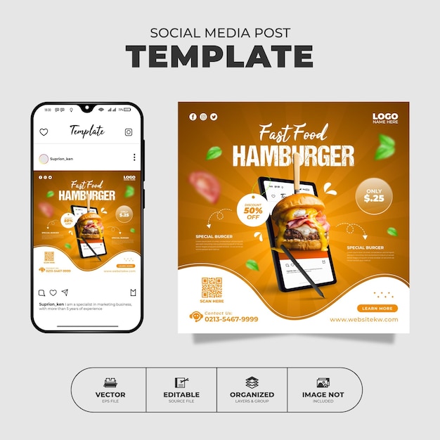 Menu di hamburger e cibo Social Media Post Instagram e modello di banner