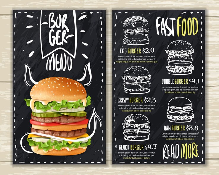 Menu di hamburger realistico. Menu di hamburger fast food su superficie di legno