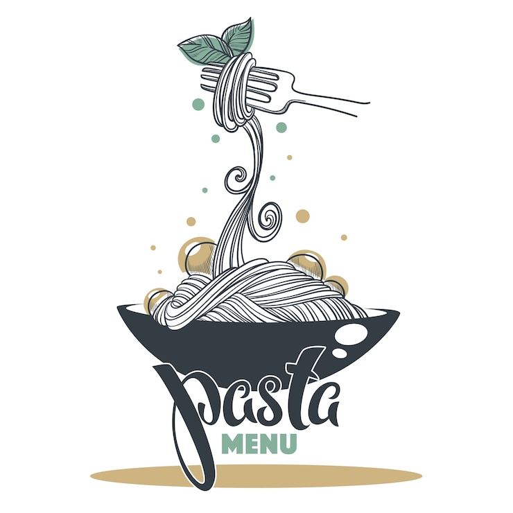 Vettore menu di pasta, schizzo disegnato a mano con composizione di lettere per il tuo logo, emblema, etichetta