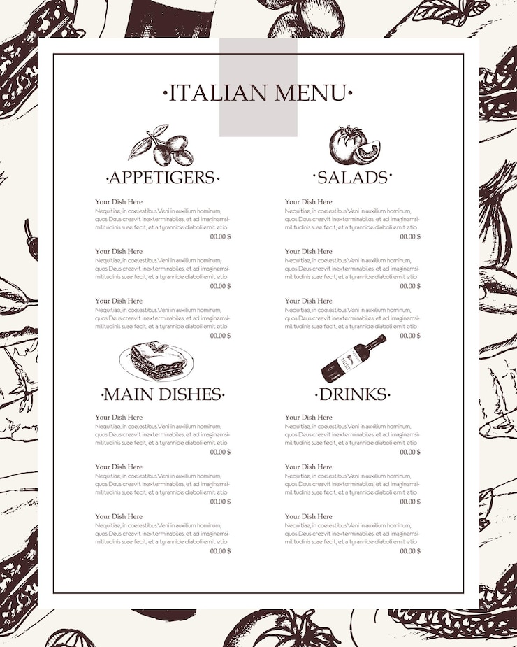 Vettore menu italiano - menu composito disegnato a mano di vettore in bianco e nero con copyspace. realistico oliva, olio, aglio, aceto, pasta, pomodoro, peperoncino piccante, formaggio, mandorle, lasagne.