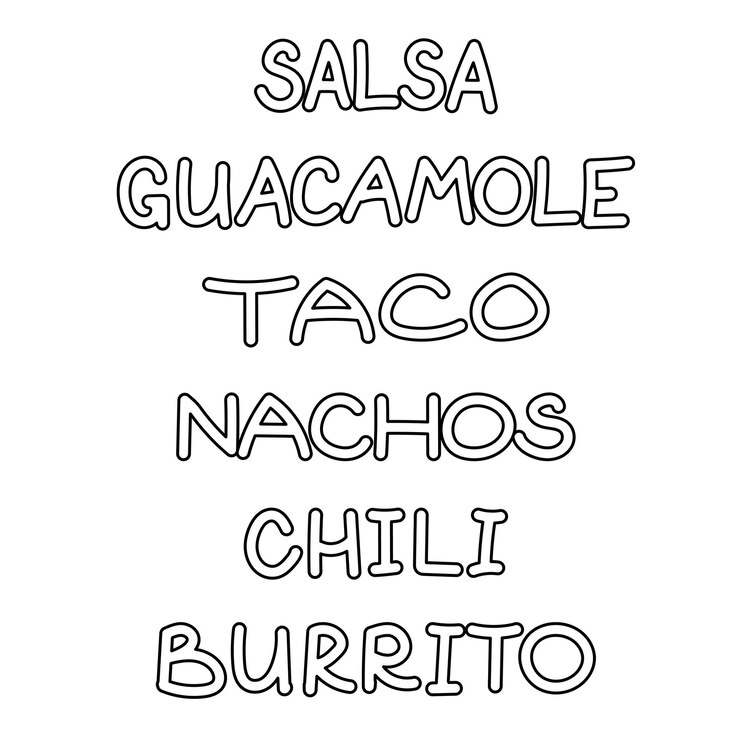 Vettore menu messicano scritte con nomi di cibi tradizionali guacamole salsa taco nachos chili burrito illustrazione vettoriale